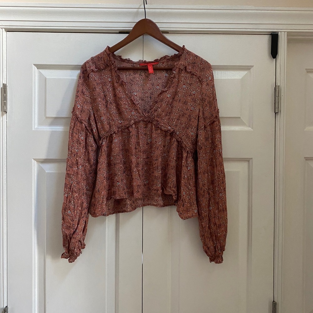 Chelsea & Violet Blouse Women Medium Brown Floral Gold Stitch Peasant Fairy Boho